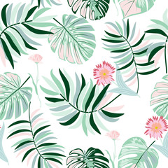Vector tropical jungle seamless pattern with palm trees leaves and flowers