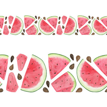 Watercolor illustration of a watermelon slices horizontal border on the white background, sweet red juicy fruit, healthy organic diet simple food pattern, symbol of summer and holiday relax