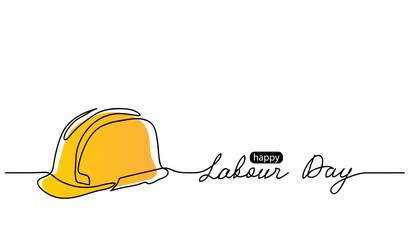Happy Labour Day simple vector web background. Yellow hard hat. Lettering Labour Day. Minimalist background, banner, poster.