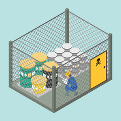 Isometric 3d vector illustration - Waste and Housekeeping in Construction Sites Management - isolated area, man, chemical wastes, barrels