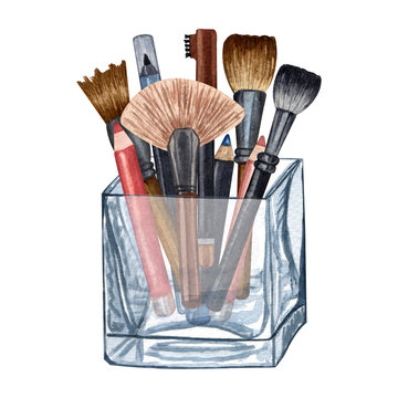 Watercolor make up products. Hand drawn cosmetics illustration of brushes in a glass holder.