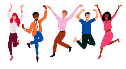 Happy business workers jumping celebrating success achievement. Office worker set. Vector