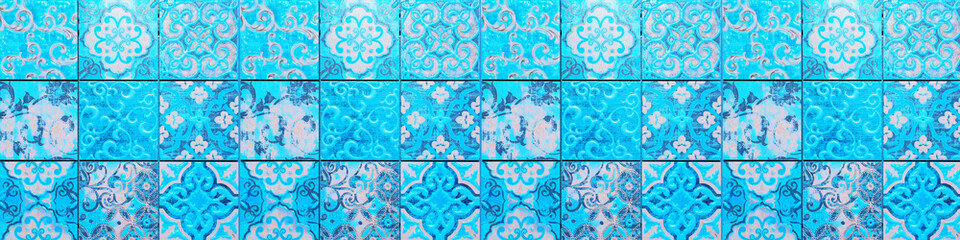 Fototapeta Blue turquoise aquamarine vintage retro geometric rectangle mosaic motif cement tiles texture background banner panorama  obraz
