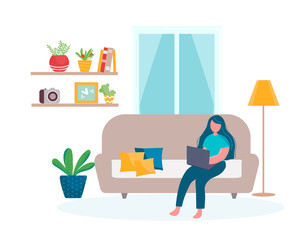 Girl with laptop on sofa sits. Staying and working at home. Young girl working from home. Self-isolation shield from coronavirus. Remote work from home during Quarantine. Illustration in flat style
