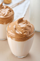 Dalgona coffee. Trendy Korean whipped coffee. Fluffy drink