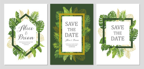 Wedding invitation set. Cards with tropical green leaves and line art graphic. Floral border. Save the date, invite, birthday card design. Vector illustration. © artnata
