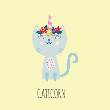 Cute caticorn - cat with unicorn horn on head, flat vector illustration isolated.