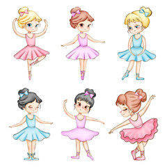 Set of cute cartoon little ballerinas watercolor illustrations on a white background