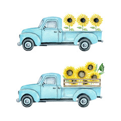 Watercolor illustration of a summer light blue farm pickup truck with sunflowers on a white background © Bonbonny