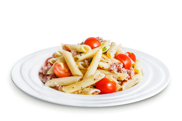 Canned Tuna tomato garlic parsley salad on a white isolated background