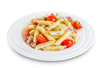 Canned Tuna tomato garlic parsley salad on a white isolated background