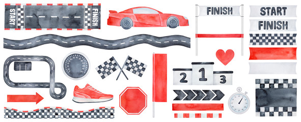 Big Racing Collection of various speed symbols, motor sport signs, flags, arrows, award pedestal, sneaker, love heart and seamless borders. Hand drawn watercolour painting, cutout elements for design. - 342134082