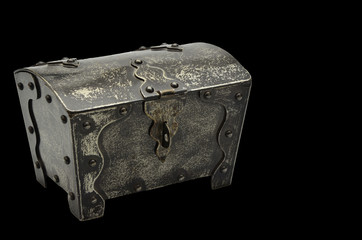 Retro Treasure chest, closeup, isolated on black background