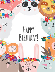 Kids birthday card or banner with cartoon animals flat vector illustration.