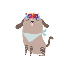 Cute dog wearing flower crown and bandana bib sitting