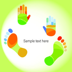 Fun postcard with colorful palms and feet.