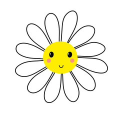 Kawaii daisy. Cute camomile isolated on white background. Cartoon character flower. Smiling Doodle face. Kawaii camomile mascot for prints, packaging, children's coloring. Vector stock illustration