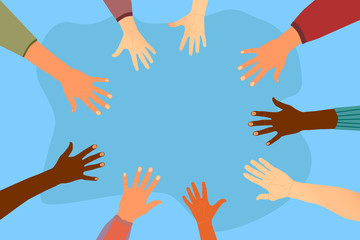 Hands in a circle, teamwork. Friendship of the peoples of the world, unification. Vector illustration.