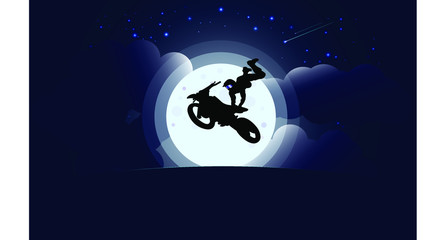 Motorcyclist in flight, stuntman on a cross-country motorcycle, at night against the background of the starry sky and the full moon, vector illustration.