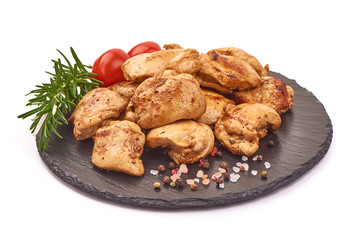 Roasted chicken kebab. Grilled meat, BBQ, isolated on white background
