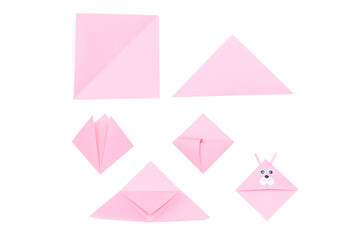 Steps of making origami bookmark on white background. DIY concept.