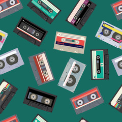 Retro cassette tape seamless pattern, flat cartoon vector illustration on green.