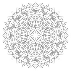 Circular pattern in form of mandala for Henna Mehndi or tattoo decoration. Decorative ornament in ethnic oriental style, vector illustration. Coloring book page.	