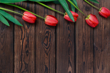 Red beautiful tulips on old brown wooden background with space for text. Spring concept. Texture surface for design. Close-up. Postcard template. selective focus
