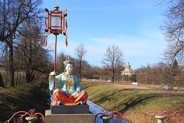 Russia, St. Petersburg, April 19, 2020, Chinese bridge in Alexander Park in the city of Pushkin in...