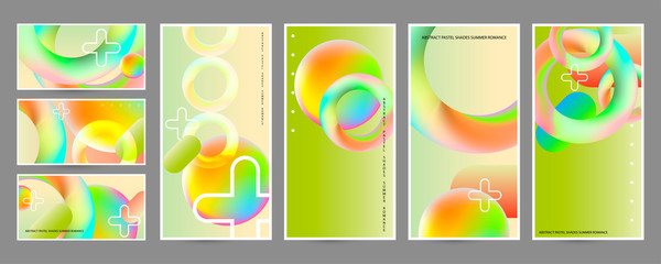 Abstraction set posters layout collection with vibrant blurred gradient circles pastel summer shades. Stock illustration eps 10