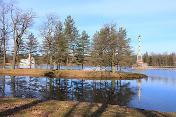 Russia, St. Petersburg, April 19, 2020, Catherine Park in the city of Pushkin in early spring...