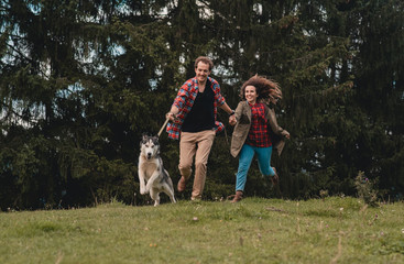 Naklejka na ściany i meble Couple in love holding hands on nature travel with husky dog in mountains. Young people happy together. lovers walking with dog on vacation