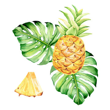 Watercolor pineapple arrangements. Juicy pineapple clipart. Tropical fruits printable. Bright beach illustartions great for tro[pical wedding, coctail, beach party, vacations