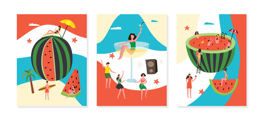 Set of banners for party with watermelon and people, flat vector illustration.