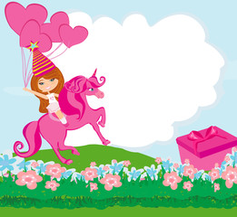 Obraz na płótnie Canvas Happy little girl on unicorn, birthday card
