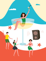 Summer beach party poster with people dancing and woman in champaigne glass