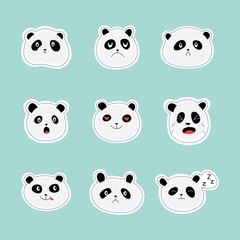 Set of stickers or emoticon faces of panda, flat vector illustration isolated.