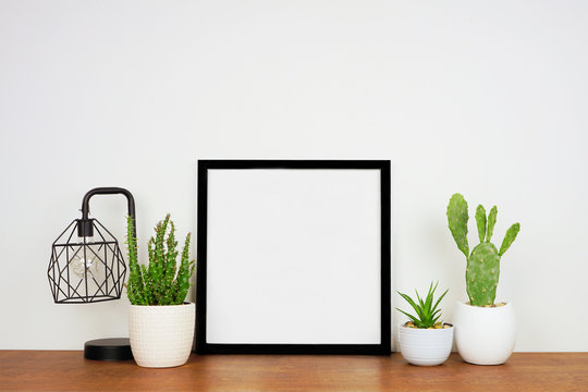 Mock up black square frame with home decor and potted plants. Wood shelf and wall. Copy space.