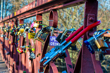 Parkovy Bridge with lot of love locks designed by Paton in Kyiv, Ukraine on January 12, 2020. 