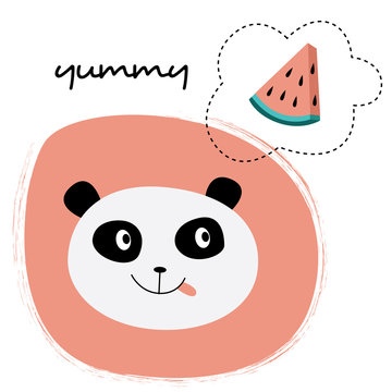 Card with panda face and watermelon flat cartoon vector illustration isolated.
