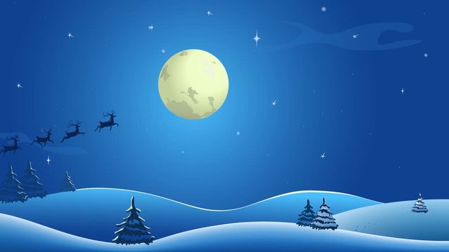 Christmas greeting card video. Peaceful landscape in winter. A dreaming valley with fir-trees and houses in snow. Santa Claus in a sleigh with reindeer flies along the evening valley. Moon and stars.