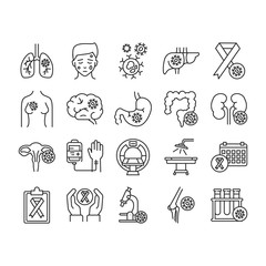Cancer different organs line black icons set. Oncology. Medical diagnostic. Isolated vector elements. Outline pictograms for web page, mobile app, promo.