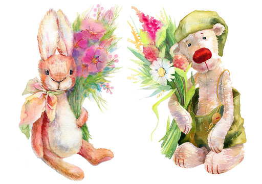 Illustration of cute watercolor bunny toy and teddy bear toy isolated on white background for kid birthday card, poster or other design.