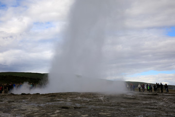 Geysir / Iceland - August 25, 2017: Strokkur geysir eruption near Golden Circle, Iceland