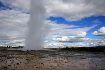 Geysir / Iceland - August 25, 2017: Strokkur geysir eruption near Golden Circle, Iceland