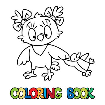 Coloring book of little funny owl with a doll