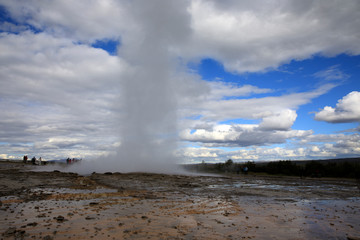 Geysir / Iceland - August 25, 2017: Strokkur geysir eruption near Golden Circle, Iceland