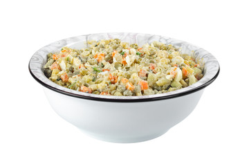 The vinaigrette of various boiled vegetables in the plate on white