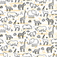Cute seamless pattern with line art style African wild animals - adorable hand drawn safari themed repeat pattern design © Vilmos
