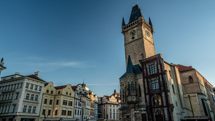 Fototapeta na wymiar Old Town Square in Prague Czechia. Beautiful photo of city center of Prague old town and clock tower. No people.